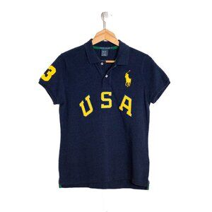 VTG Ralph Lauren Men’s Polo Shirt L Slim Fit Navy Blue Big Pony 3 Patch USA